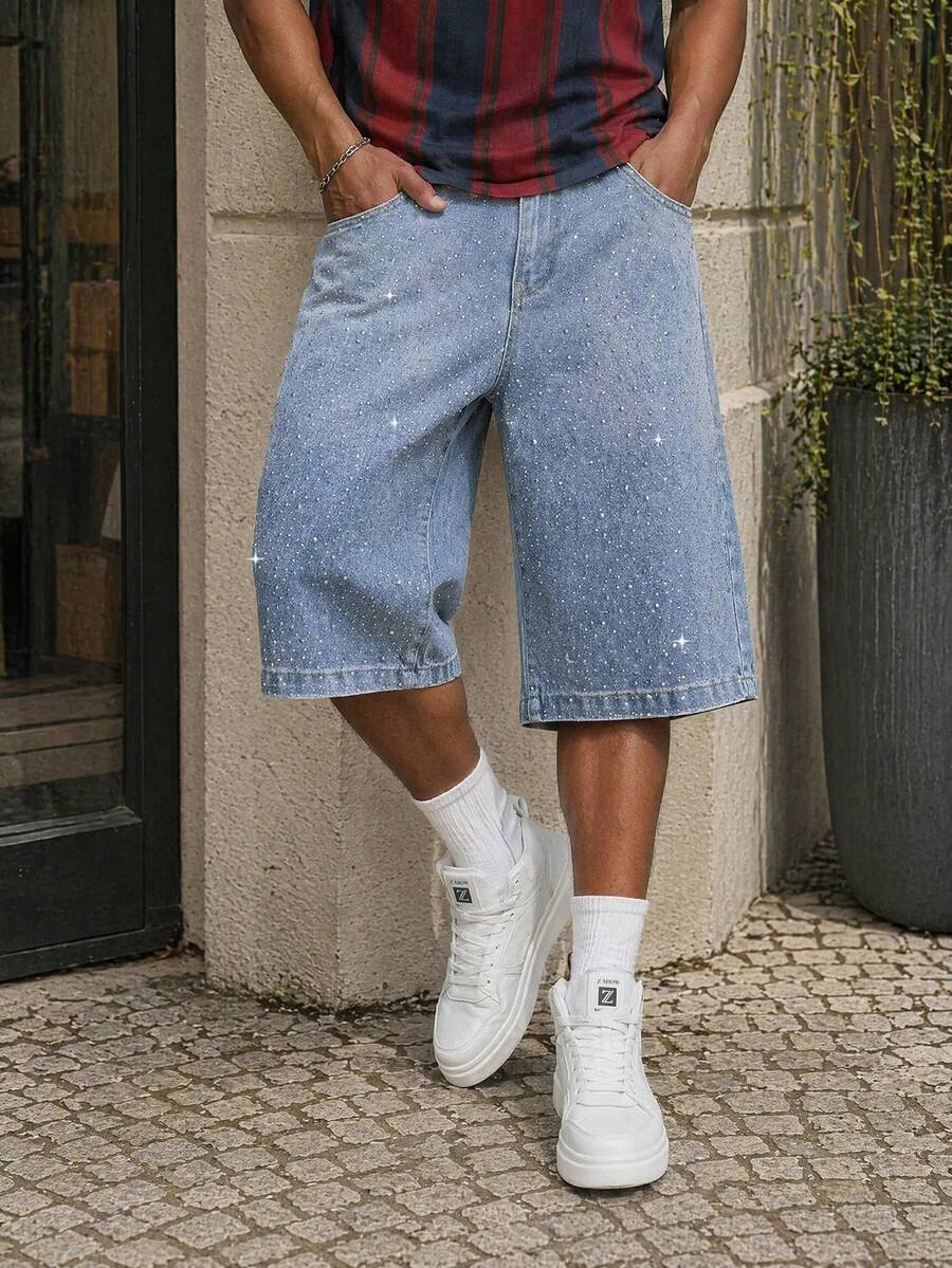 Manfinity EZcore Plus Size Men's Rhinestone Embellished Wide Leg Denim Shorts - Light Wash - View 1
