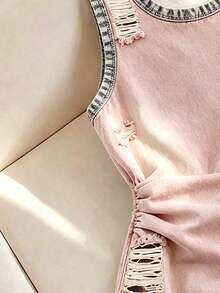 SHEIN 青少年女孩粉色牛仔風滿版印花無袖洋裝，適合春夏秋季，戶外活動、居家、日常穿著，舒適簡約經典修身洋裝，適合女孩與女性 - 彩色 - 查看 3