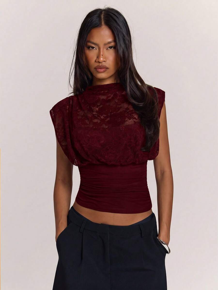 SHEIN BAE 女款性感法式蕾絲短版修身抓皺上衣 - 酒紅色 - 查看 1