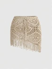 ROMWE Avant Beach Wear Summer Outfits Plus Size Women's Tassel Hem Waist Tie Knit Skirt - Apricot - View 1