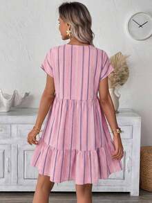 SHEIN LUNE Pink And White Striped Print V-Neck Women's Short Dress Beach Vacation Summer Boho Jamican Sexy - Multicolor - View 2
