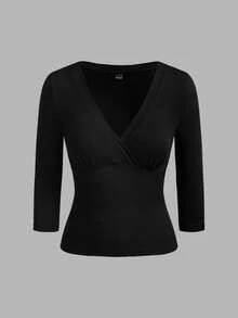 Comfortcana 3pcs Kaos Basic Putih, Hitam, Pink Muda, Leher V Dalam, Pas Badan, Lengan Sedang, Cocok untuk Kembali ke Sekolah, Atasan Awal Musim Gugur, Cocok untuk Perjalanan Sehari-hari, Pesta, dan Kerja - MultiWarna - View 10