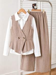 SHEIN Ensemble 3 pièces pour préadolescentes, veste, hauts blancs à manches longues vintage, rentrée scolaire, ample, pantalon large à rayures d'automne, pantalon large blanc à rayures - Multicolore - Voir 7