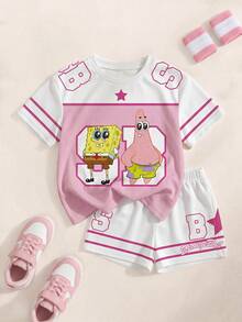 SpongeBob SquarePants | SHEIN 女童卡通撞色条纹印花圆领短袖T恤和短裤套装 - 白色 - 查看 1