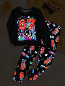 SHEIN 2件組兒童青少年男孩休閒日常舒適印花67圖案圓領套頭睡衣上衣與長褲針織居家緊身套裝，適合萬聖節 - 黑色 - 查看 1