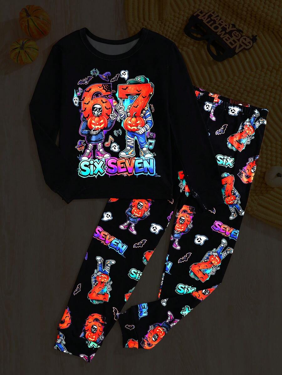 SHEIN 2件組兒童青少年男孩休閒日常舒適印花67圖案圓領套頭睡衣上衣與長褲針織居家緊身套裝,適合萬聖節 - 黑色 - 查看 1