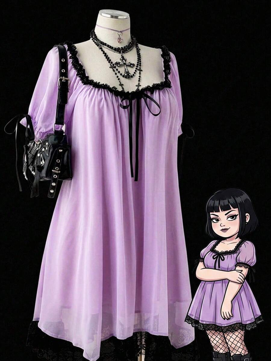 Sunspun Plus Size Vintage Asymmetrical Hem Lace Trim Patchwork Dress - Purple - View 1