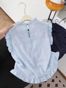 GlowEve CURVE Blusa azul de talla grande con cuello redondo, cuello con volantes, mangas acampanadas, tejida y bordada - Azul - Ver 2