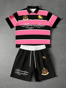 Manfinity EMRG Men's 2-Piece Set Black & Pink Horizontal Striped Knight Horse Print Short Sleeve Polo Shirt & Drawstring Shorts, Vintage Y2K Old Money Style Streetwear Outfit, Western Casual Summer Vacation Travel Club Music Festival Party Gathering Versatile Set - Multicolor - View 2