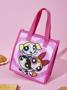 THE POWERPUFF GIRLS X SHEIN 粉色漩渦卡通女孩保溫午餐提袋，加厚編織手柄，保溫內裡，適合學校餐點與休閒野餐旅行，保持食物新鮮 - 粉白色 - 查看 3