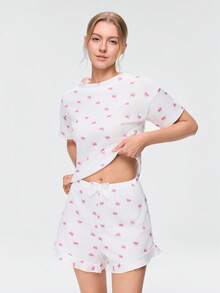 Bonmuse 两件套女士休闲睡衣套装，可爱蝴蝶结印花上衣，轻盈透气家居服套装，夏季 - 白色 - 查看 5