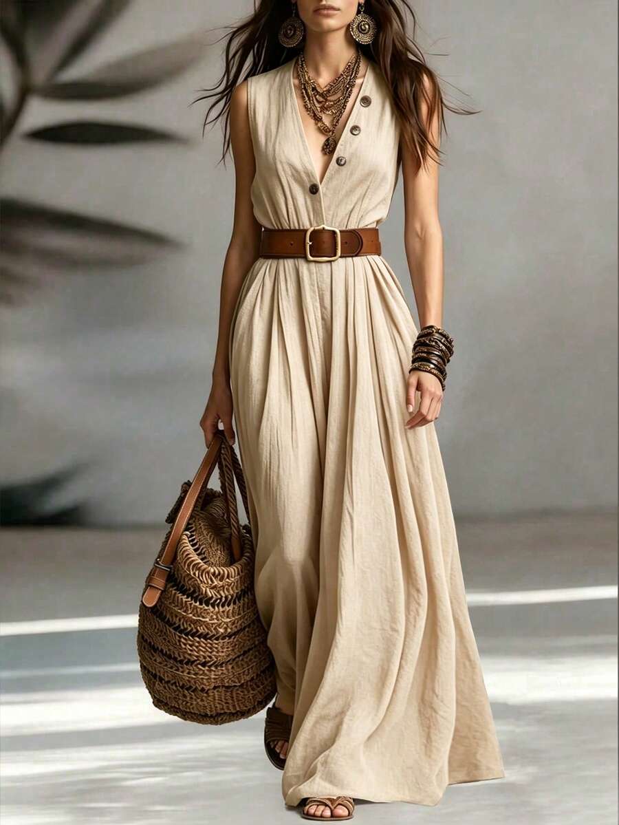 SHEIN Holidaya Women's Spring/Summer Commuter Elegant Tropical V-Neck Sleeveless Waist-Cinching Long Dress, Flattering Shoulder Neckline, Mature Style Beige Beach - Apricot - View 1