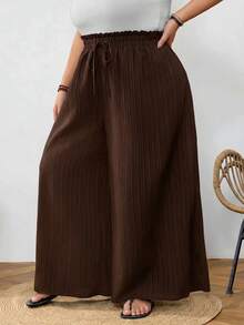 SHEIN CURVE+ Celana Panjang Ukuran Besar Warna Polos Pinggang Tinggi Kaki Lebar, Desain Pinggang Paper Bag, Cocok Untuk Liburan Musim Panas di Pantai - Coklat - View 3