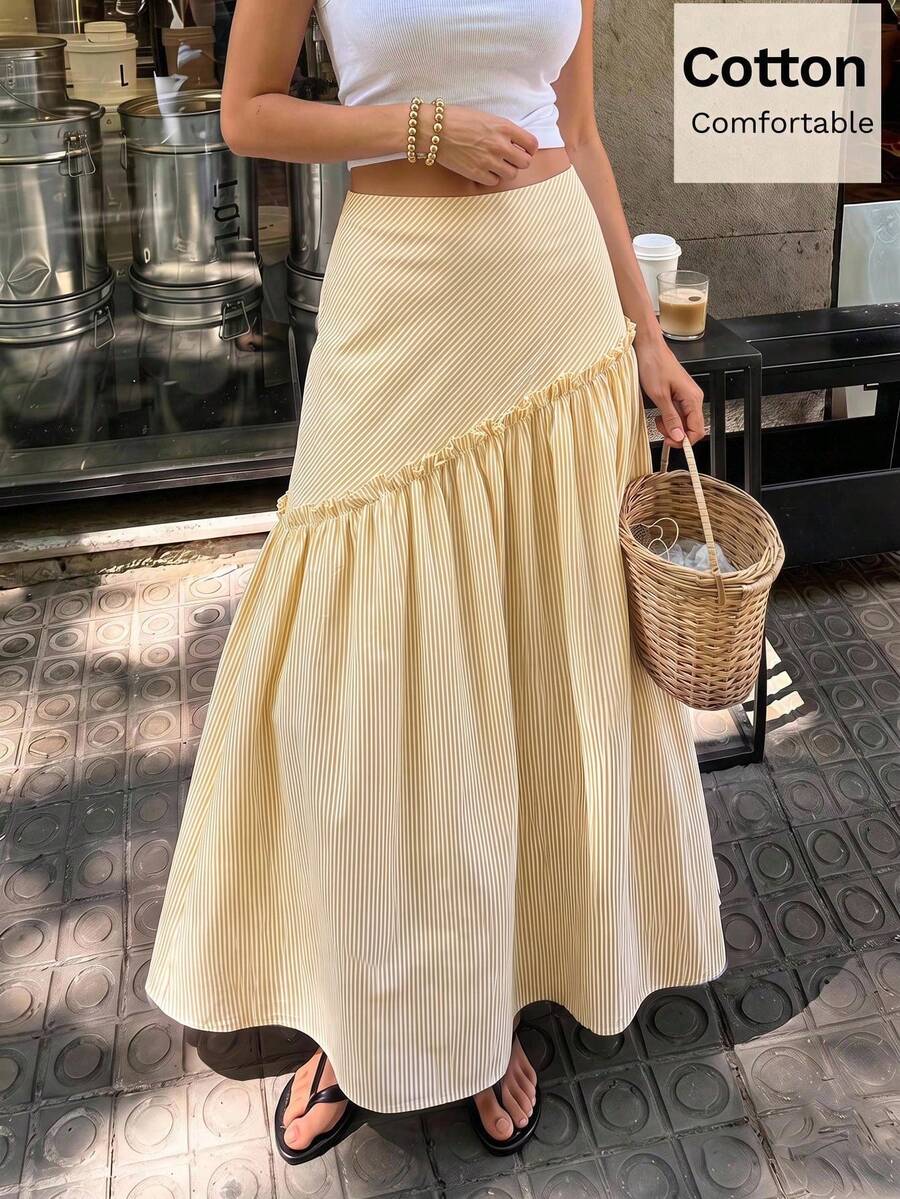 Siren Gaze Summer Vacation Casual Striped Long Skirt - Yellow - View 1