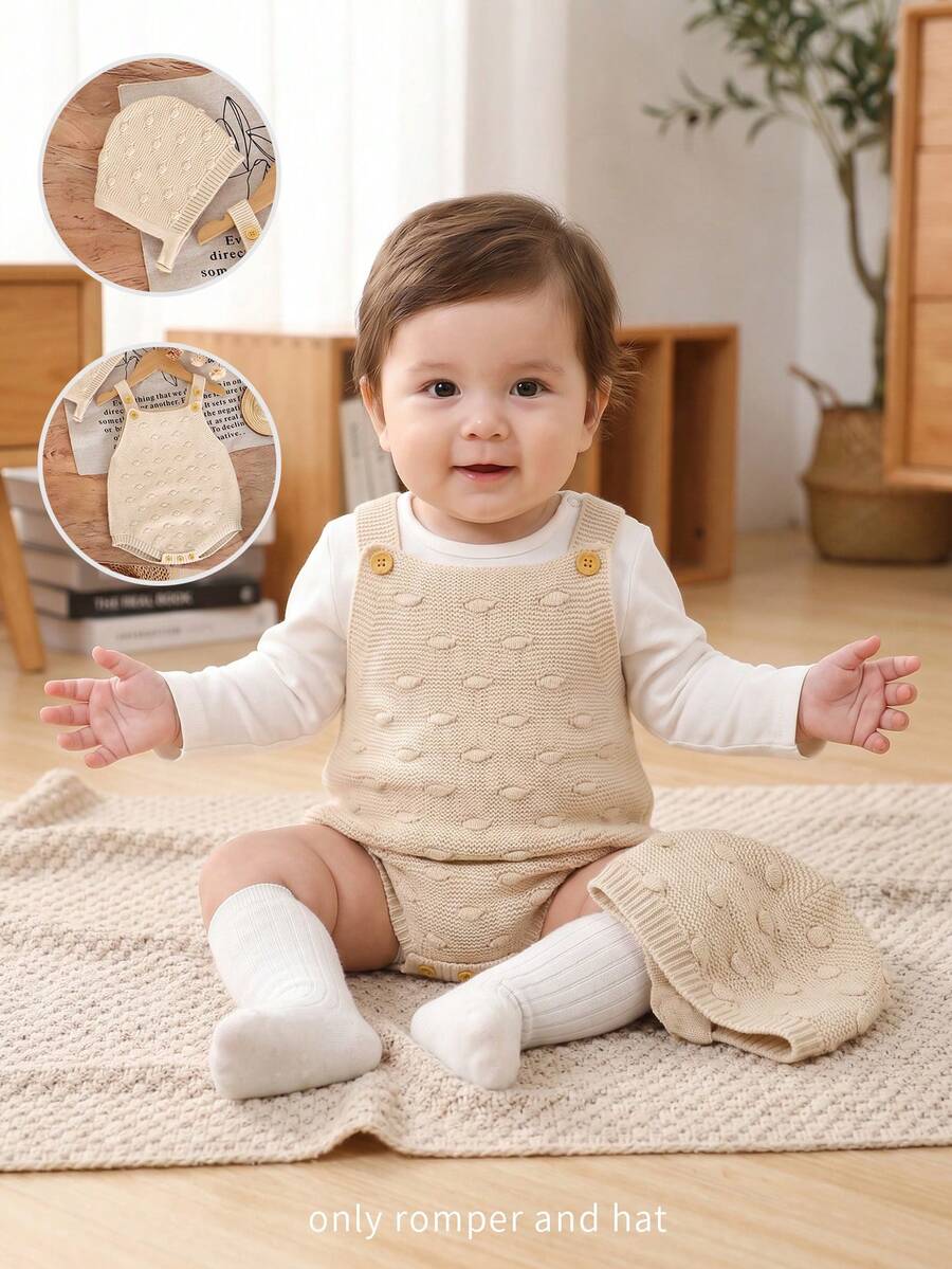 SHEIN Vintaside Kids 女嬰純色休閒百搭日常穿著針織連身衣 - 米色 - 查看 1
