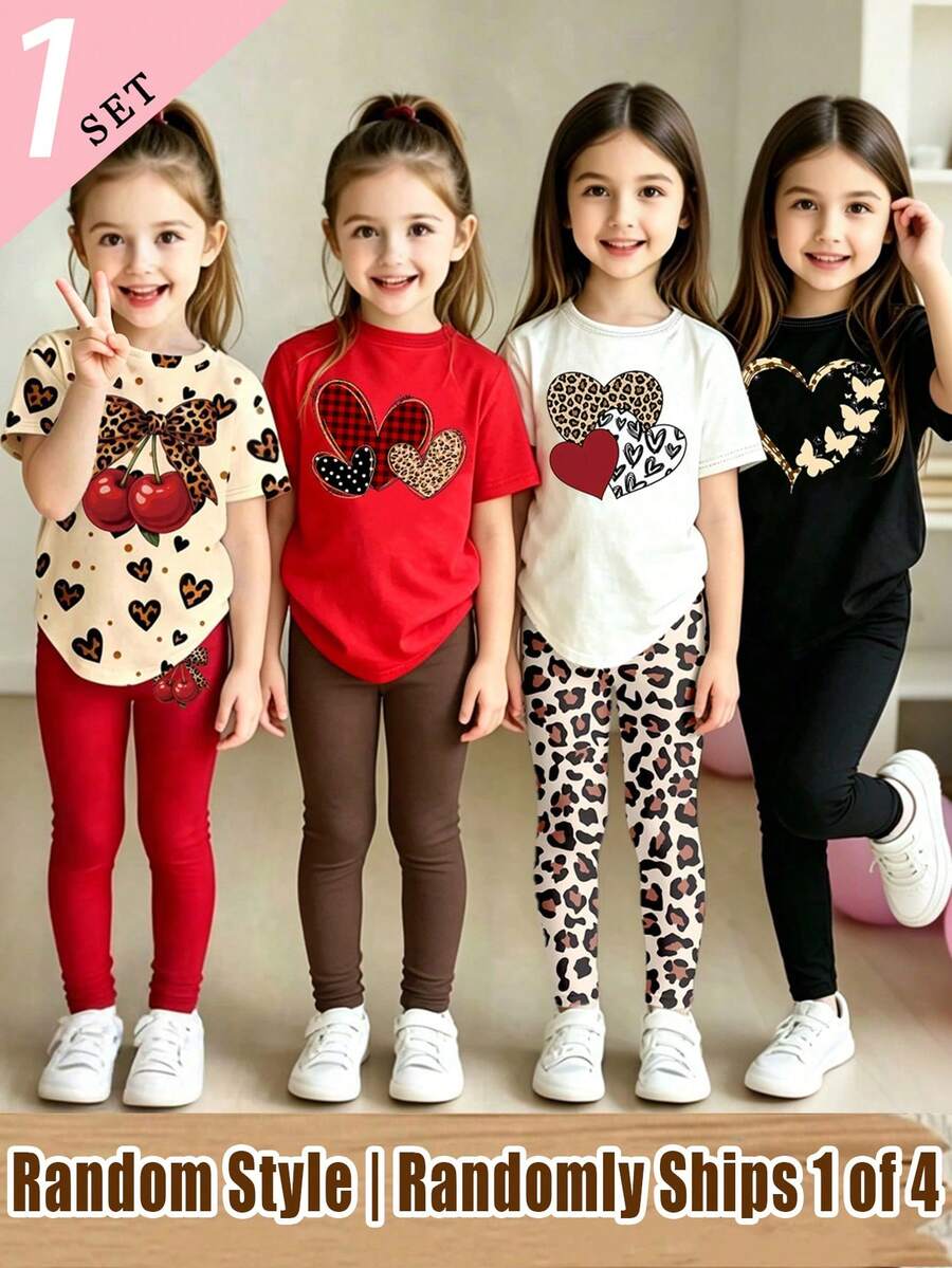 Caja Sorpresa Enviada al Azar 1 Set Niñas Pequeñas Camiseta Corta Básica + Leggings con Estampado Creativo de Leopardo, Corazón, Cereza, Lazo, Mariposa, Lunares y Letras con Eslogan - Multicolor - Ver 1