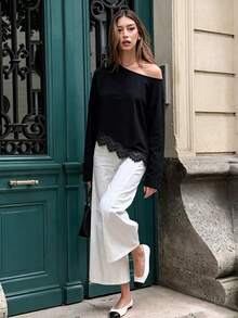 SHEIN PariChic Maglietta casual da donna a tinta unita con orlo asimmetrico e patchwork in pizzo, maglietta casual da donna a tinta unita con scollo asimmetrico, orlo asimmetrico e patchwork in pizzo, stile versatile e adatto a tutto per uso quotidiano, top casual primavera/estate, adatto per vacanze, uscite estive, spiaggia primaverile e varie occasioni - nero - Visualizzare 4