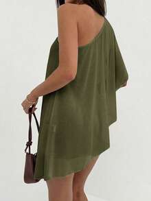 Aloruh Women's Solid Color One Shoulder Short Sleeve Ruched Fashion Mini Dress For Vacation - Army Green - View 2