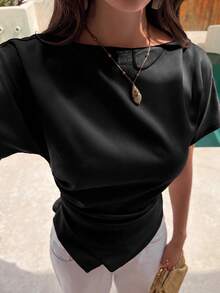 Aloruh 女款優雅船領蝙蝠袖不對稱下擺修身套頭T恤，極簡休閒通勤上衣 - 黑色 - 查看 8