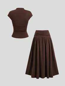 Sweetra Spring/Summer New Vintage Dark Brown 2 Pieces Set, Tank Top And Skirt Set, Casual Elegant Everyday Day Time - Coffee Brown - View 2