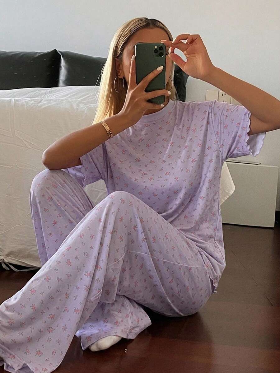 DAZY 2件組甜美碎花寬鬆短袖T恤與寬鬆直筒長款睡褲夏季女款睡衣套裝 - 藍色 - 查看 1