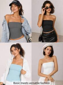 SHEIN BASICS 女款純色無肩帶修身休閒上衣 - 深灰色 - 查看 9