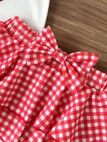 SHEIN 女婴字母樱桃印花吊带上衣和格子裙裤套装 - 紅色 - 查看 3