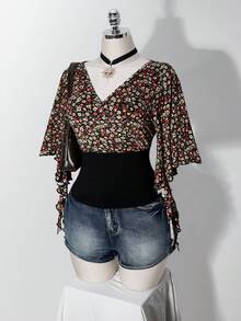 SHEIN ICON Women's Plus Size Floral Patchwork Ruffle Trim T-Shirt - Black - View 7