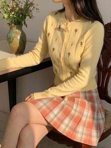 DAZY 女款圖案刺繡修身圓領長袖休閒度假復古針織開襟衫，春秋款 - 黃色 - 查看 4