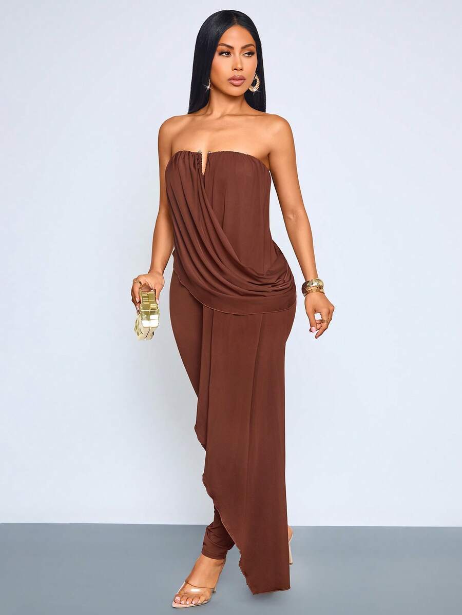 SOLERSUN Women's Casual Sexy Knitted Jumpsuit With V-Neck, Gathered And Ribbon Details, Suitable For Summer. Party Night Out Coffee Brown