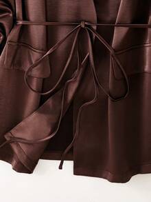 GlowEve CURVE Women's Fashion Elegant Elastic Pleated Long Sleeve V-Neck Hidden Button Placket Tie Satin Blazer, Suitable For Daily Wear And Commuting Fall - Brown - View 7