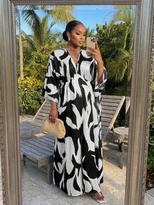 SHEIN Lady CURVE Plus Size Fashion Vacation Print Color Block Slit Dress Fall - Multicolor - View 4