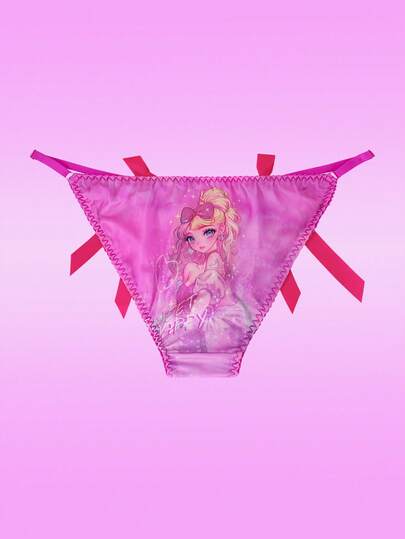 Notgurli Quần lót tam giác nữ babydoll satin nơ màu tương phản, in hình trái tim nhân vật anime công chúa màu hồng, phong cách dễ thương ngọt ngào