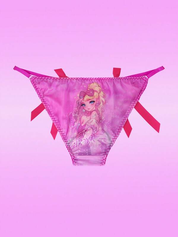Notgurli Pink Princess Anime Character Heart Print Satin Bow Contrast Color Babydoll Cute Sweet Women's Triangle Panties