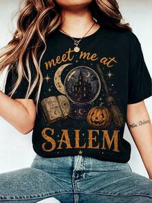 EMERY ROSE Meet Me In Salem T恤、萬聖節女巫T恤、水晶球女巫T恤、陰森塞勒姆T恤、萬聖節女巫愛好者禮物 - 深灰色 - 查看 3