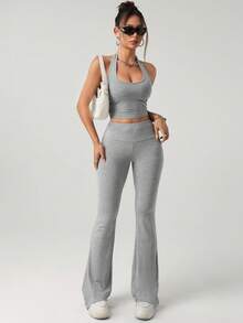 SHEIN ICON 女款極簡百搭掛脖背心與喇叭長褲套裝 - 灰色 - 查看 7