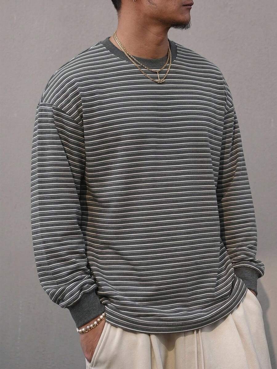 DAZY 男士夏季條紋多色長袖休閒T恤 - 深灰色 - 查看 1