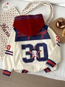 Slaydiva Betty Boop x SHEIN Plus Size Women's Colorblock Patchwork Cartoon Print Hooded Sweatshirt Winter - Multicolor - View 2