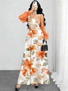 Modelyn 女款扶桑花碎花時尚方領燈籠長袖設計花卉長洋裝，夏季收腰優雅長裙，花卉圖案海軍藍洋裝，適合夏季度假、日常穿著 - 彩色 - 查看 1