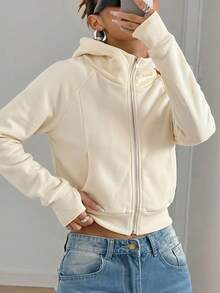 SHEIN EZwear 女款純色連帽拉鍊休閒百搭日常穿著運動衫 - 杏色 - 查看 6
