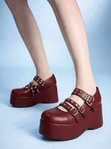 Sugerpunk Sandal Platform Bertumit Lame dengan Gesper Berduri untuk Wanita. - Burgundy - View 6