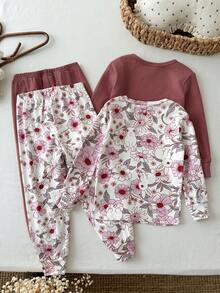 LMoss Kids 女童休閒極簡修身舒適圓領短袖長褲家居服套裝，4件組，秋季服飾，長袖 - 彩色 - 查看 5