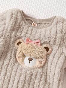 Cozy Pixies Baby Girl Cartoon Bear Pattern Fleece Lined Thick Crew Neck Long Sleeve Pullover Top And Elastic Waist Long Pants 2-Piece Set, Comfortable Versatile Fashionable Daily Cute Bear Pattern Minimalist Basic Style, Suitable For Indoor, Outdoor Skiing, Daily, Sports, Play, Party, Photography, Holiday, Christmas - Apricot - View 5