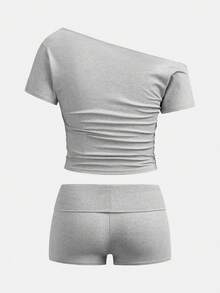 SHEIN Girlism 青少年女孩夏季休閒度假針織不對稱肩短袖短版T恤套裝，淺灰色修身上衣與短褲套裝 - 淺灰色 - 查看 6
