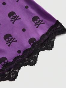 ROMWE Y2K Retro Musical Note & Staff Piano Keyboard Print Fitted Baby Tee With Lace Trim Tank Top 3 Pieces Set - Purple - View 8