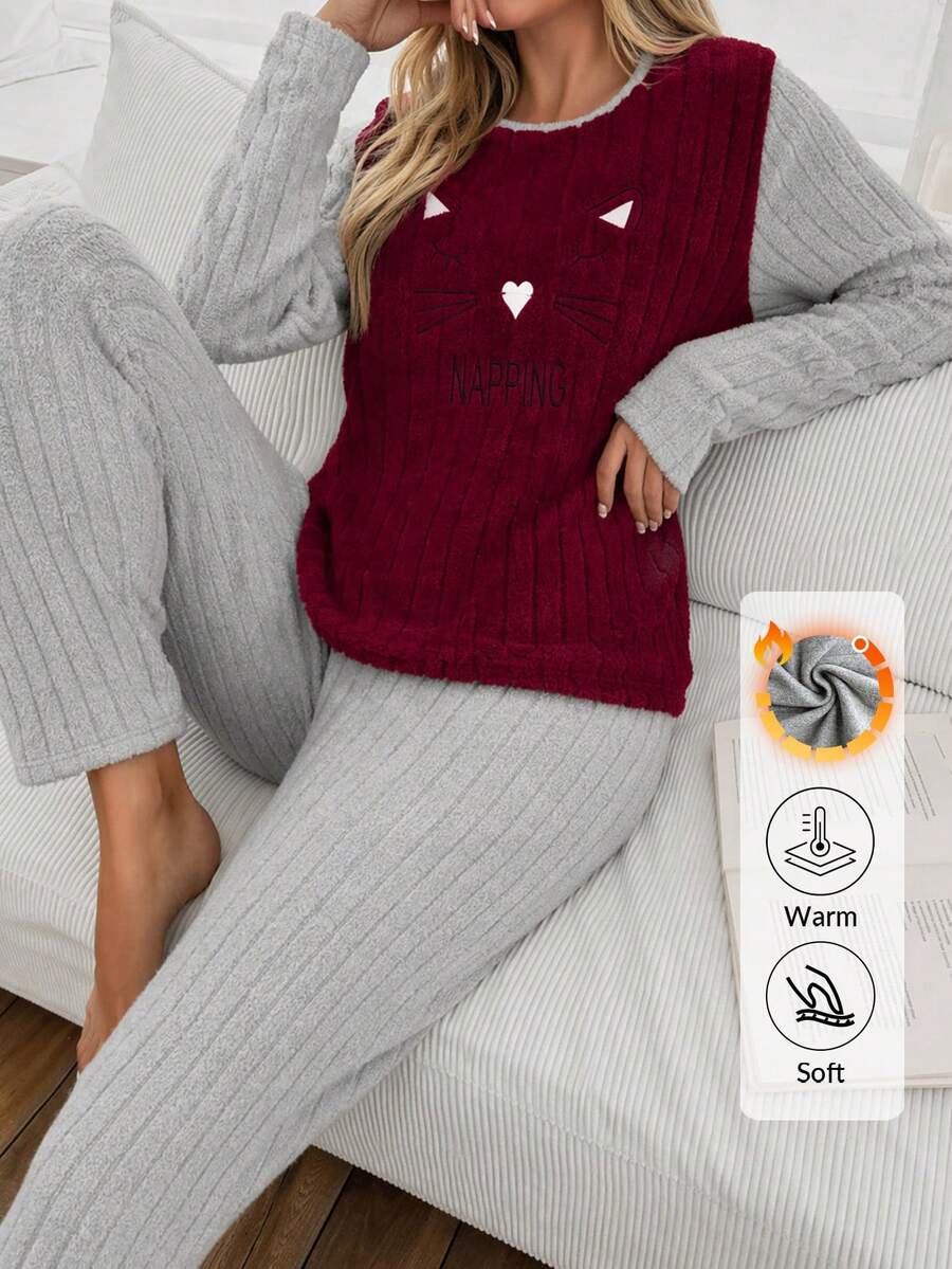SHEIN Women's Fuzzy Cat Embroidery Long Sleeve Ribbed Pajama Set - Burgundy - View 1