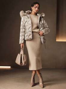 Anewsta Winter Detachable Fur Collar Hat Short Champagne Color Cotton Padded Coat - Champagne - View 6