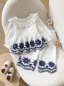 SHEIN Playful Pals 女嬰可愛娃娃風大領口前開襟刺繡下擺彈性腰帶刺繡袖口長袖長褲套裝 春秋款 - 藍白色 - 查看 2