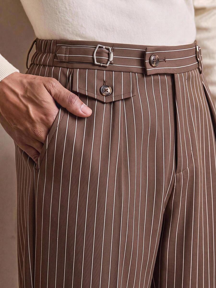 GETOML Men's Loose Striped Pleated Pants With Waist Buckle Design Baggypants Men( - Coffee Brown - View 1