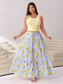 Solflare Setelan 2 Potong Atasan Tank Top Polos & Rok Motif Lemon Bergaris Ukuran Plus - MultiWarna - View 5